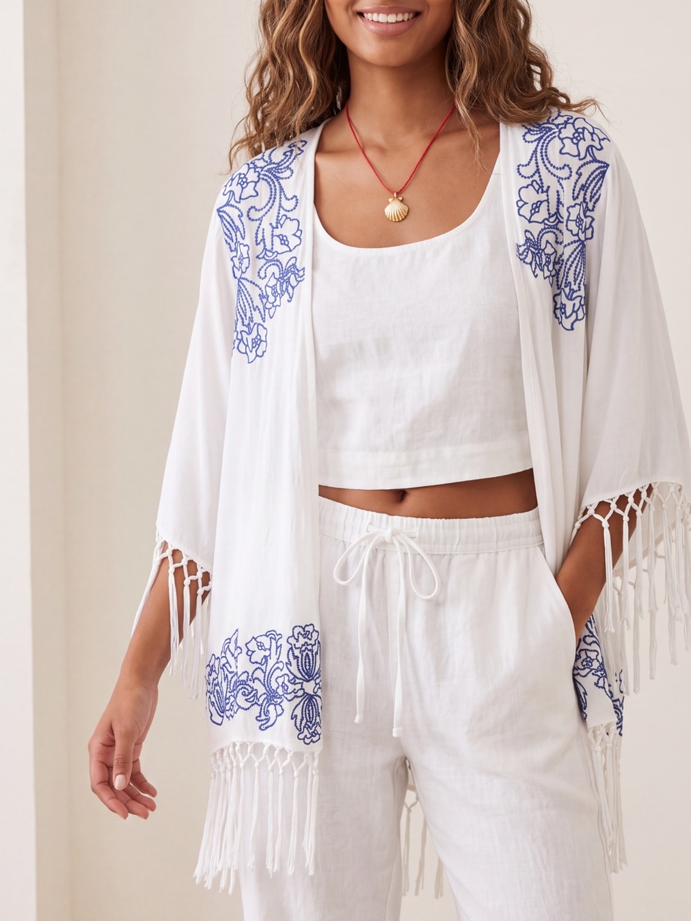 Entro Boho Embroidered Fringe Open Front Kimono Cardigan Cover-Up resortwear